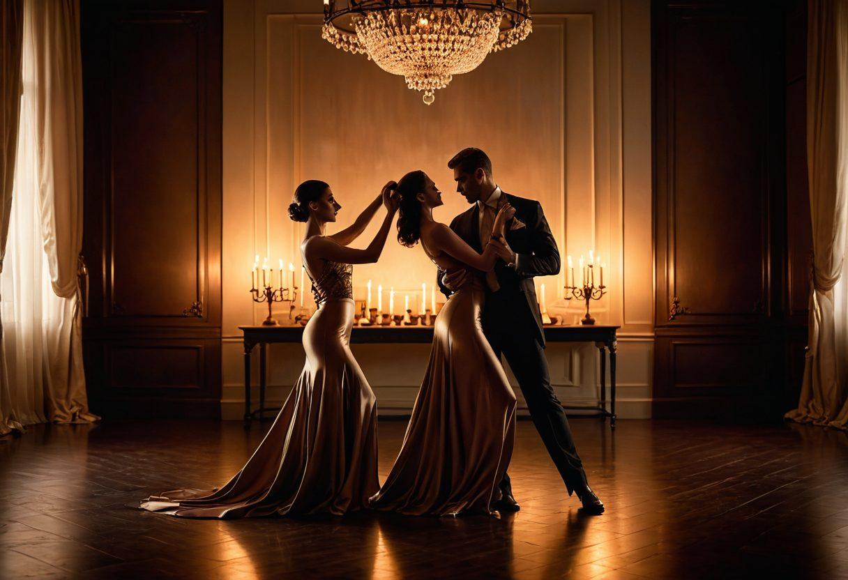 A captivating scene depicting a graceful dance between a dominant figure in elegant attire and a submissive partner wearing intricate leather details, against a backdrop of soft candlelight. The ambiance is intimate, with shadows and warm hues creating a sense of allure and trust. Elements of power exchange, such as silk ties and symbolism of consent, are subtly integrated. The overall tone is artistic, evoking both vulnerability and strength. super-realistic. warm colors. soft focus.