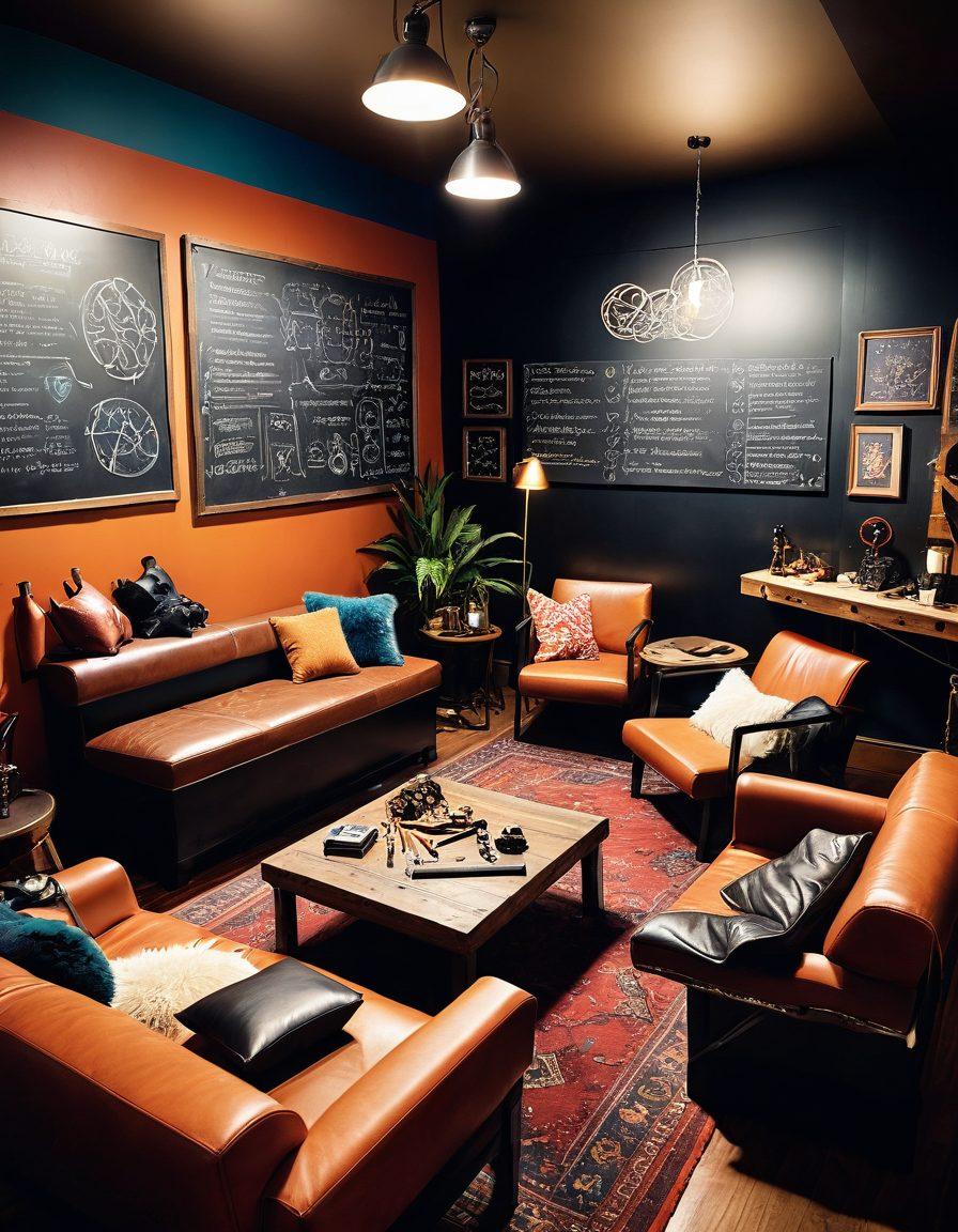 A vibrant scene depicting a diverse group of individuals engaging in educational BDSM workshops, surrounded by colorful props and equipment. Include playful elements like a chalkboard with diagrams, leather gear, and a plush seating area for discussions. The atmosphere should be supportive and welcoming, with warm lighting that enhances the sense of community. Capture both fantasy and reality through imaginative patterns and textures. super-realistic. vibrant colors. soft focus.